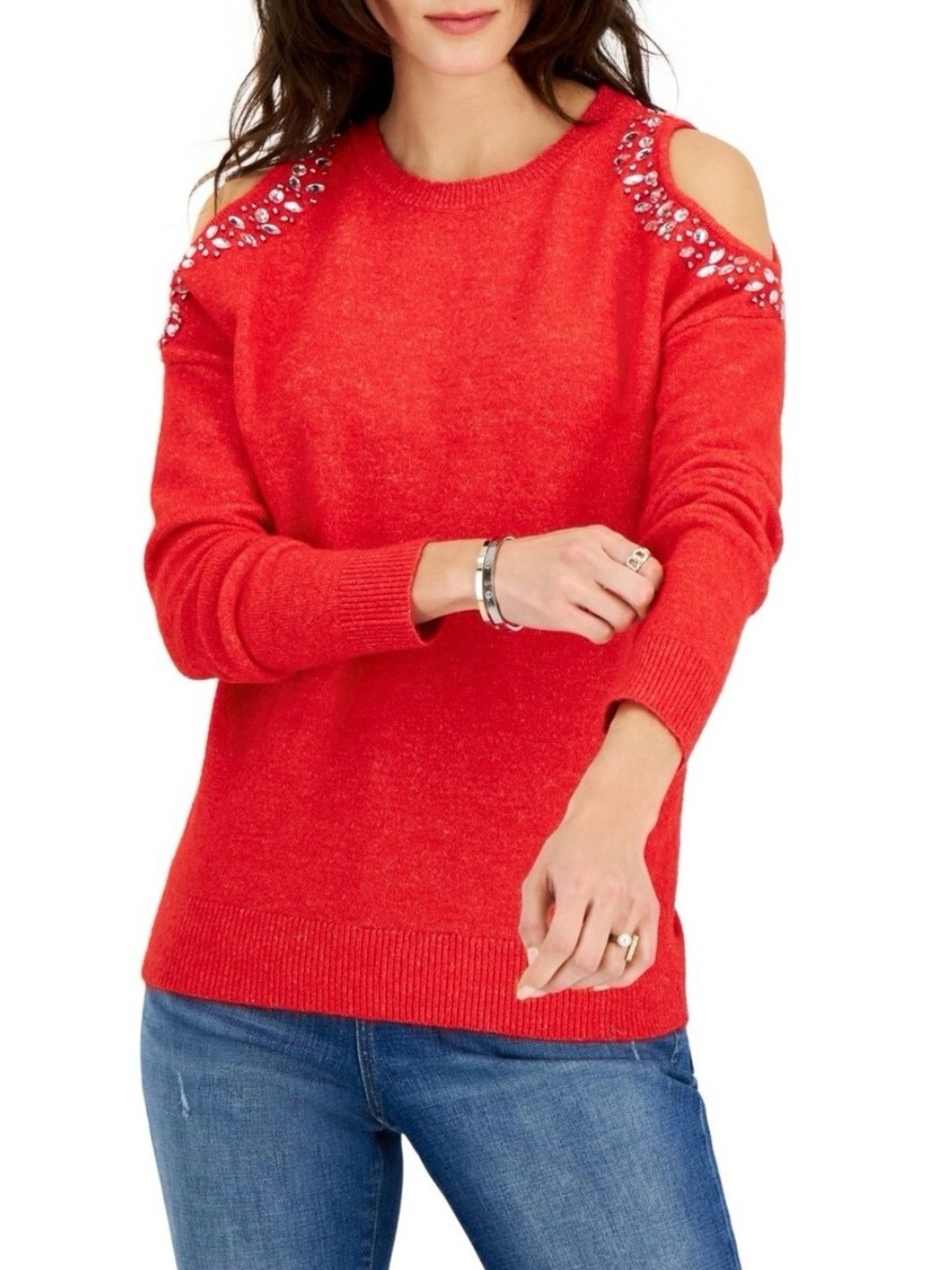 INC International‎ Concepts Red Embellished Cold-Shoulder Sweater